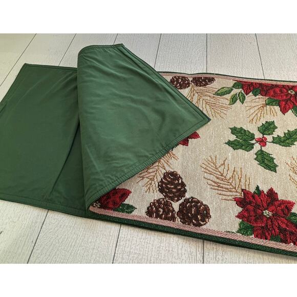 Poinsettia Christmas Red & Green Holiday Table Runner - Picture 3 of 4